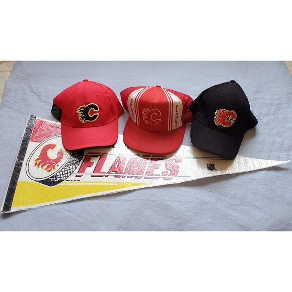 Calgary Flames 3 Baseball Truckers Hat Cap Pennant Lot Snapback Stretch Hook ah - Picture 1 of 12